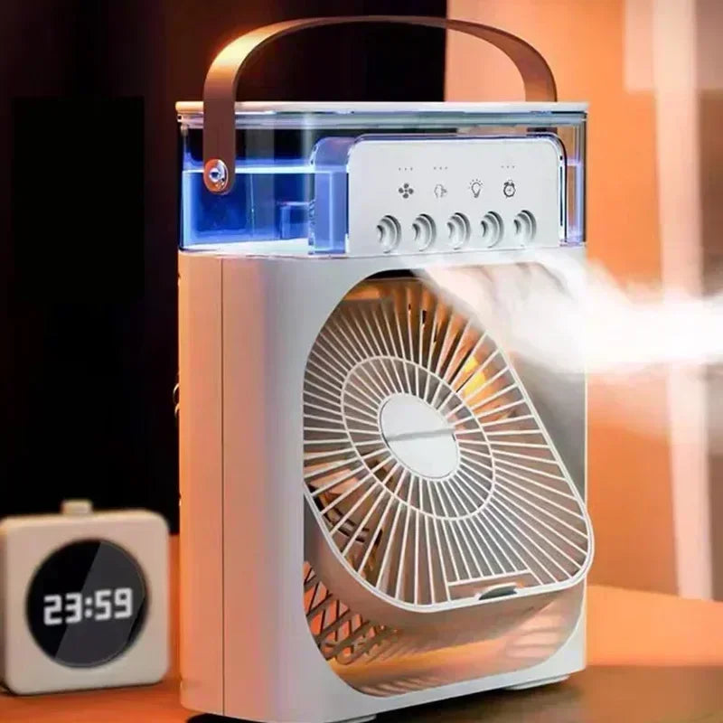 مرطب هواء محمول ومروحة ومكيفات هواء ومروحة كهربائية بمنفذ USB وإضاءة ليلية LED ورذاذ الماء ومبرد هواء 3 في 1 ومرطب للمنزل