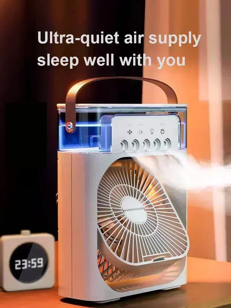 مرطب هواء محمول ومروحة ومكيفات هواء ومروحة كهربائية بمنفذ USB وإضاءة ليلية LED ورذاذ الماء ومبرد هواء 3 في 1 ومرطب للمنزل