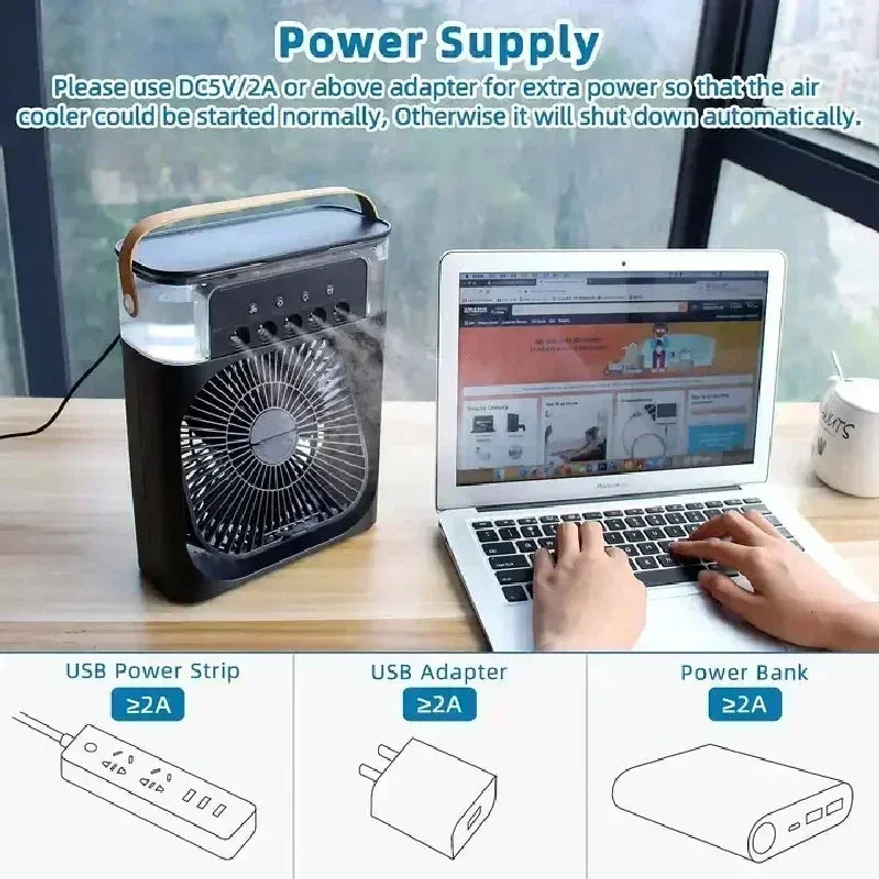مرطب هواء محمول ومروحة ومكيفات هواء ومروحة كهربائية بمنفذ USB وإضاءة ليلية LED ورذاذ الماء ومبرد هواء 3 في 1 ومرطب للمنزل