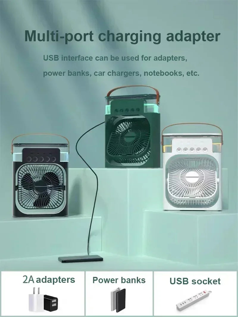 مرطب هواء محمول ومروحة ومكيفات هواء ومروحة كهربائية بمنفذ USB وإضاءة ليلية LED ورذاذ الماء ومبرد هواء 3 في 1 ومرطب للمنزل